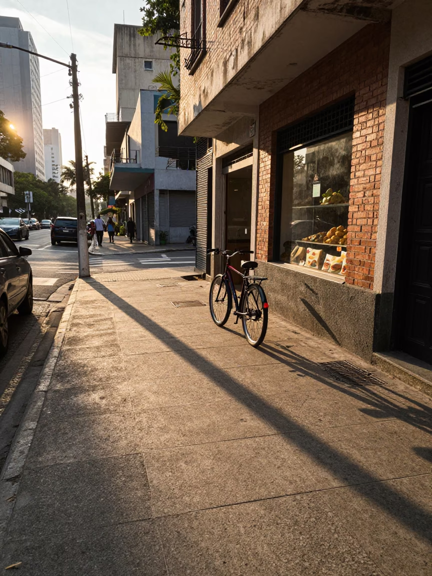 Dawn light on São Paulo street with bicycle and bakery storefront in in São Paulo, Brazil