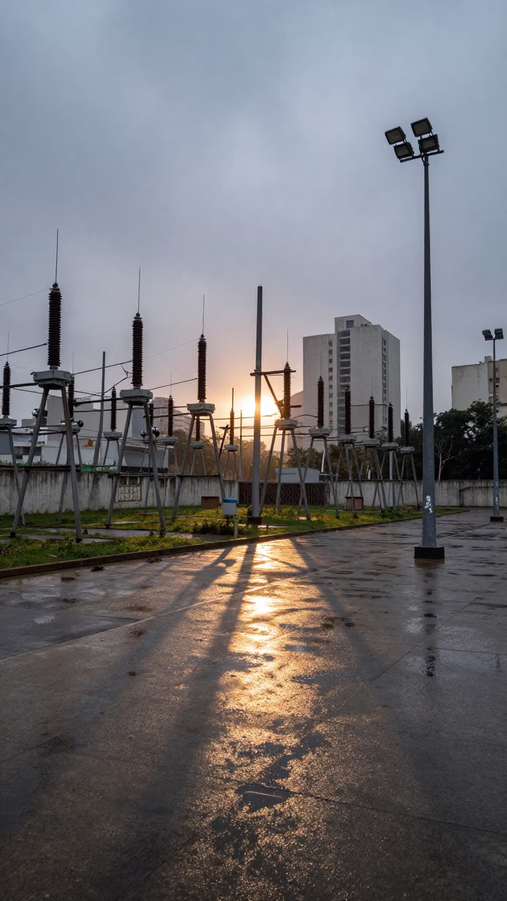 Dawn Light on São Paulo Substation Insulators and Urban Infrastructure in in São Paulo, Brazil