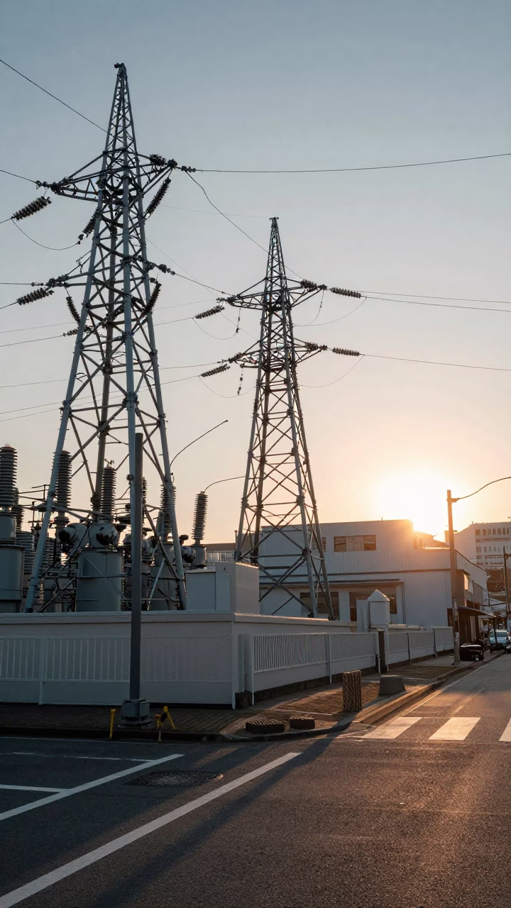 Dawn Light on Sapporo Street Corner with Power Substation Lattice and Crate in in Sapporo, Japan