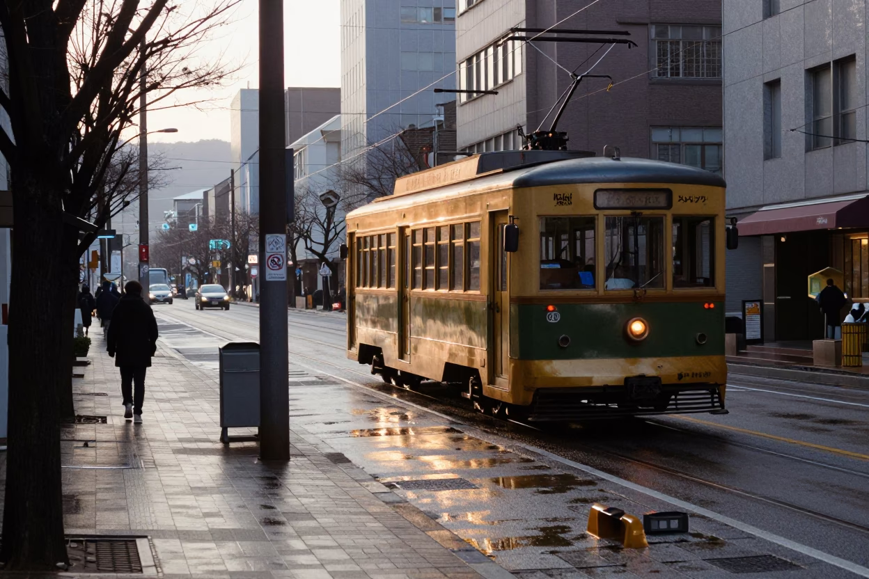 Dawn Light on Sapporo Street Corner with Trolley and Rain Puddles in in Sapporo, Japan