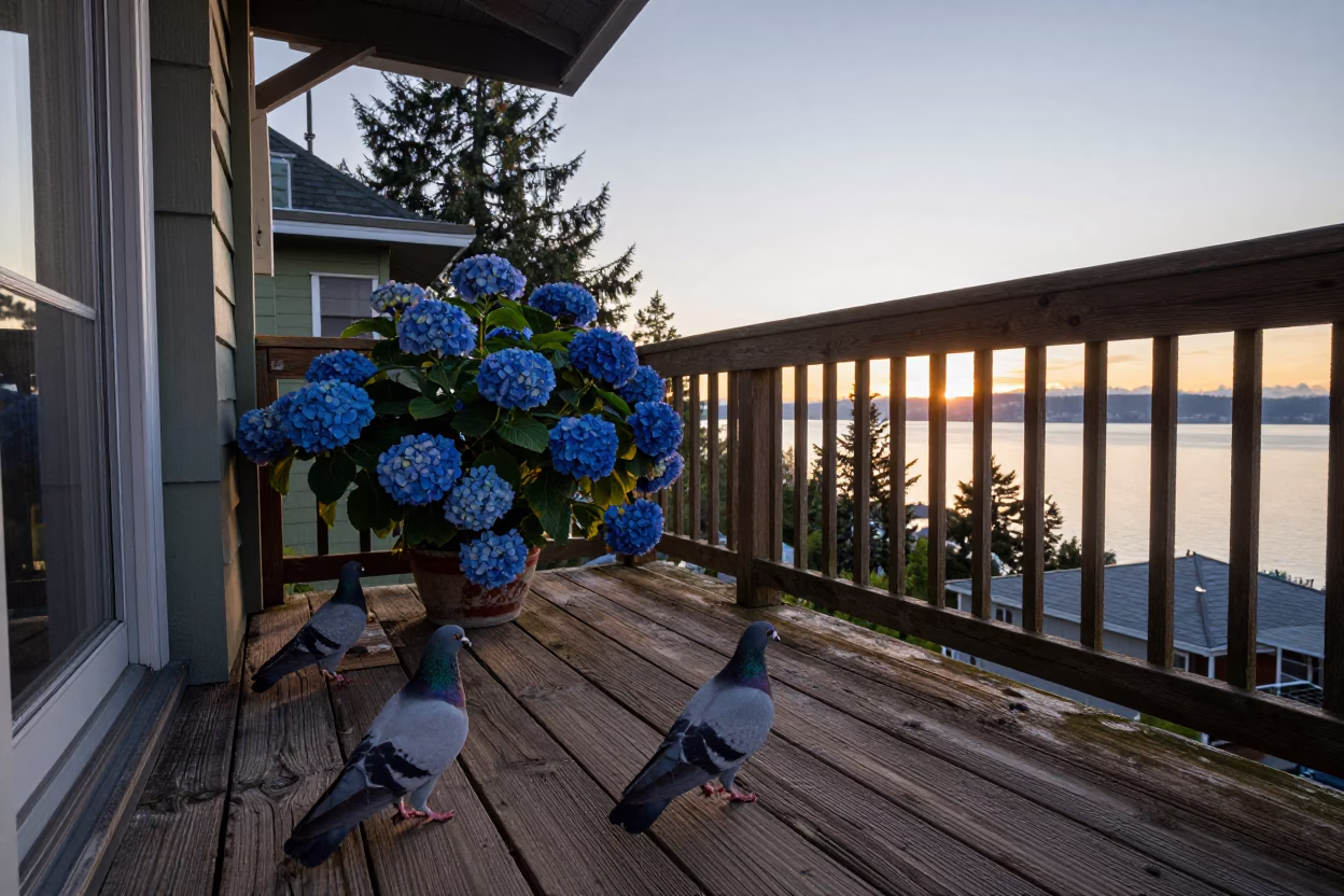 Dawn Light on Seattle Balcony with Pigeons and Hydrangeas in Washington in in Seattle, Washington, United States
