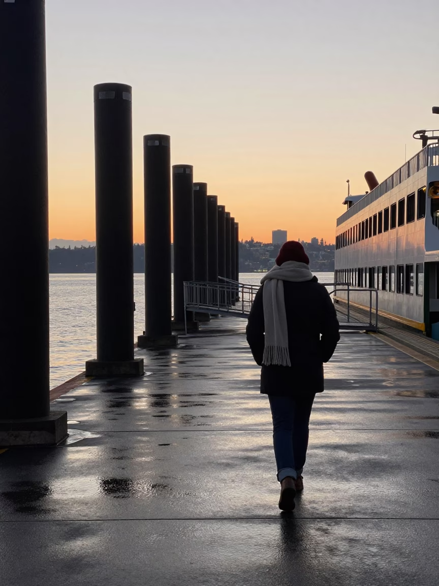 Dawn Light on Seattle Ferry Dock with Commuter Scarf and Damp Urban Architecture in in Seattle, Washington, United States