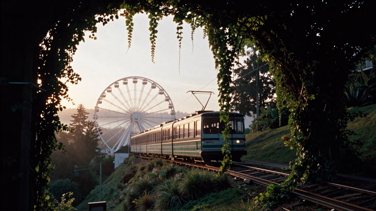 Dawn Light on Seattle Funicular Ascending Hill Covered in Autumn Vines in in Seattle, Washington, United States