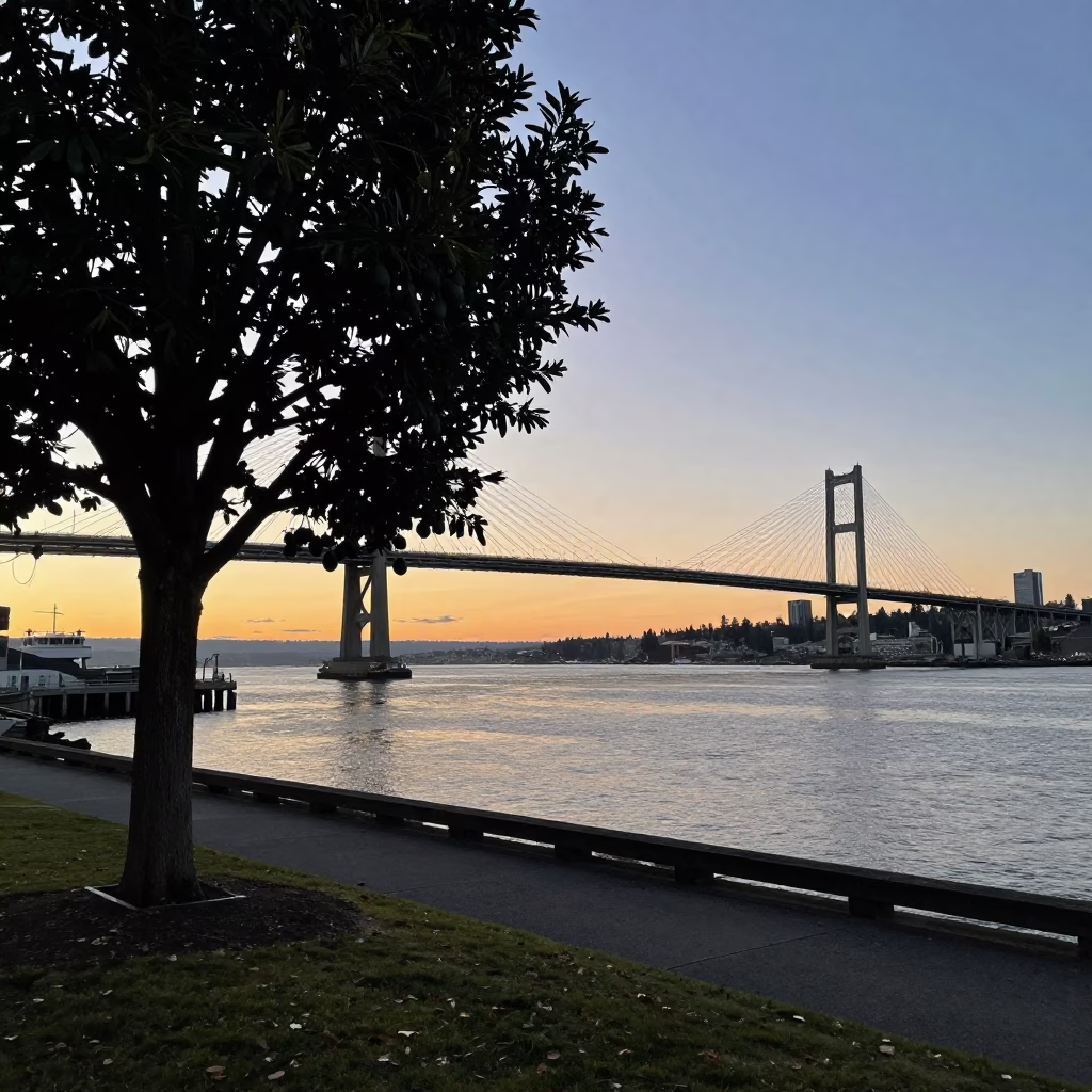 Dawn Light on Seattle Harbor Bridge with Avocado Tree and Mastiff in in Seattle, Washington, United States