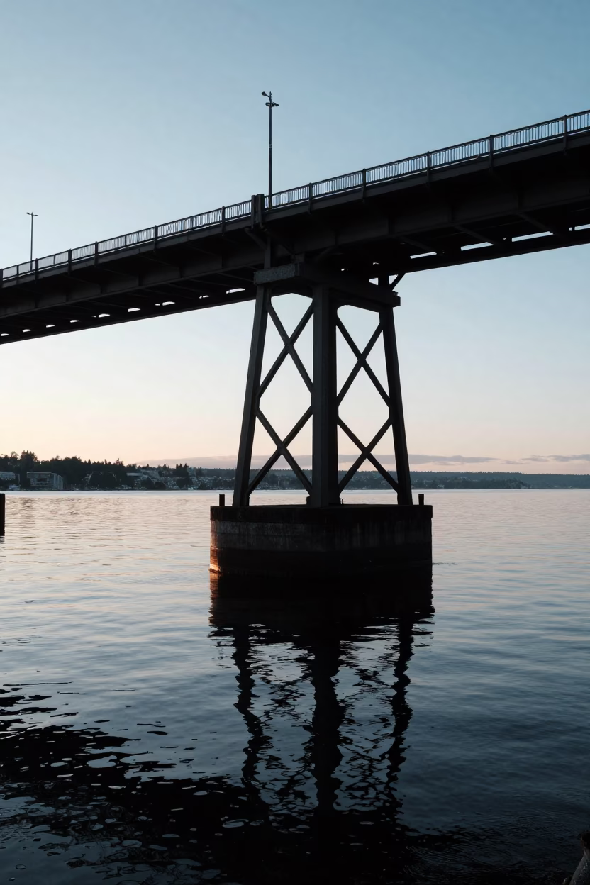 Dawn Light on Seattle Lake Union Bridge Pier and Waterfront Scene in in Seattle, Washington, United States
