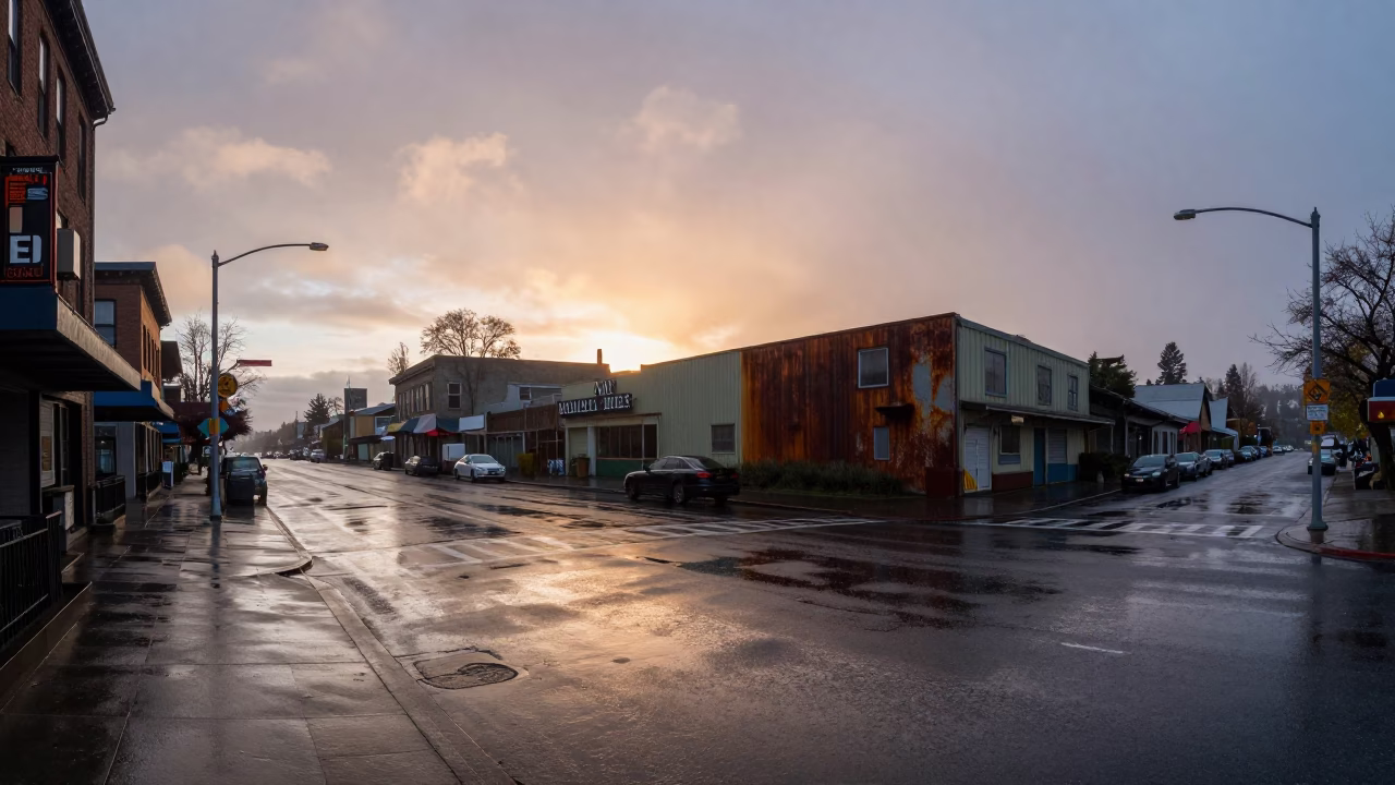 Dawn Light on Seattle Rain-Slicked Streets with Rust and Urban Details in in Seattle, Washington, United States
