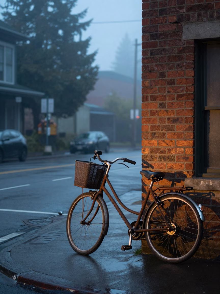 Dawn light on Seattle street corner with bicycle basket and flowerpot in in Seattle, Washington, United States