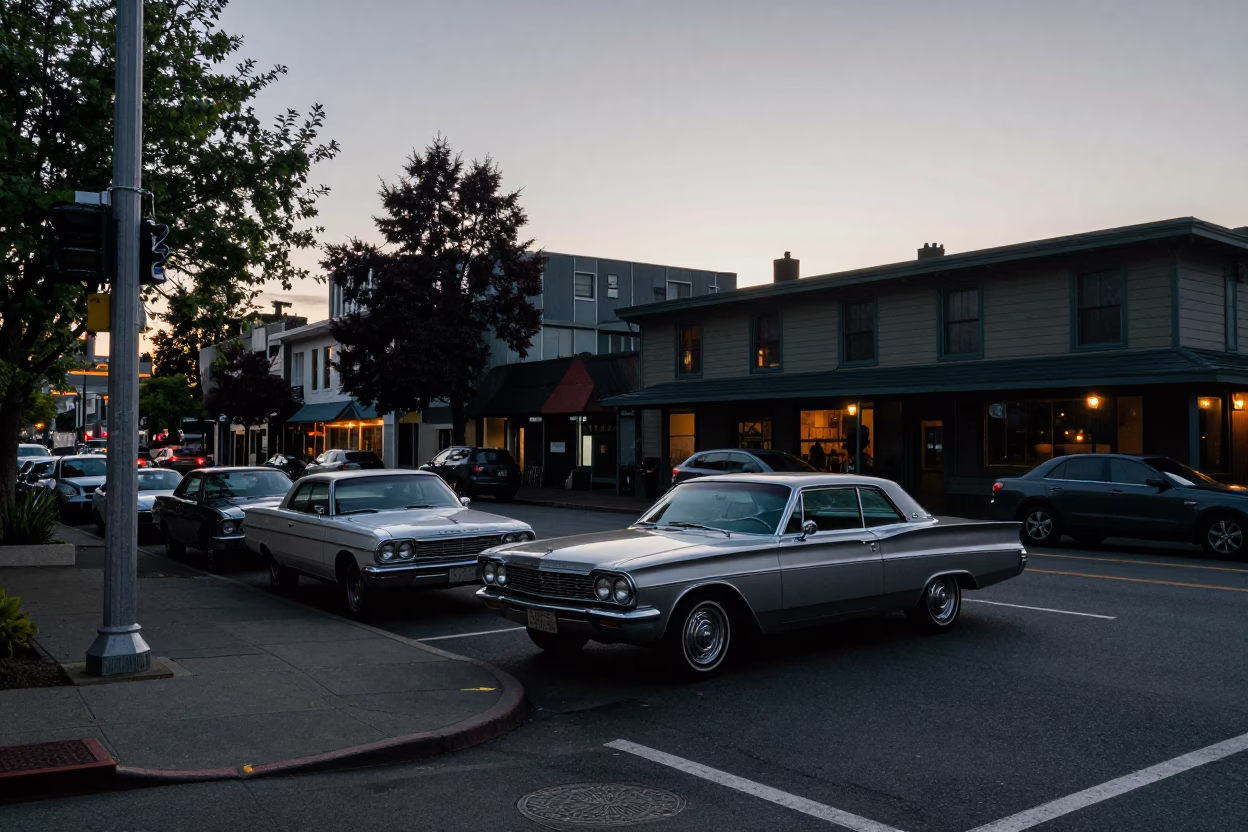 Dawn Light on Seattle Street Corner with Vintage Car Rally Participants and City Skyline in in Seattle, Washington, United States