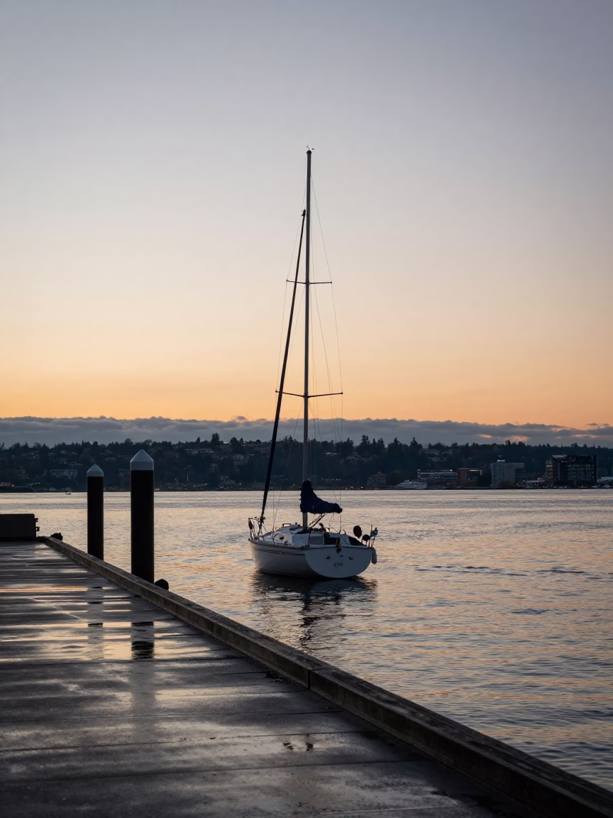 Dawn Light on Seattle Waterfront with Docked Sailboat and Rain-Slicked Pier in in Seattle, Washington, United States