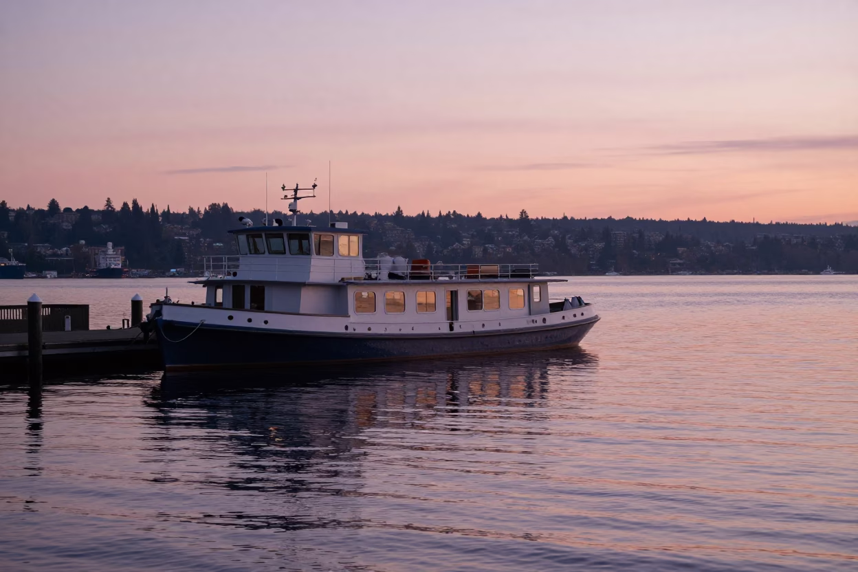 Dawn Light on Seattle Waterfront with Moored Houseboat and Cherry Blossoms in in Seattle, Washington, United States