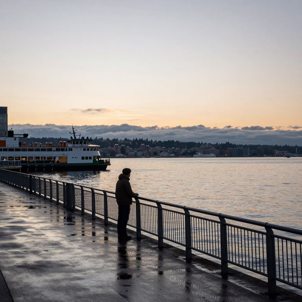 Dawn Light on Seattle Waterfront with Paper Cone of Belgian Frites and Mayonnaise in in Seattle, Washington, United States