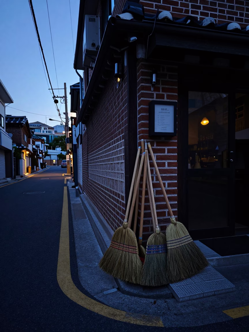 Dawn light on Seoul street corner with brooms and smudged window glass in in Seoul, South Korea
