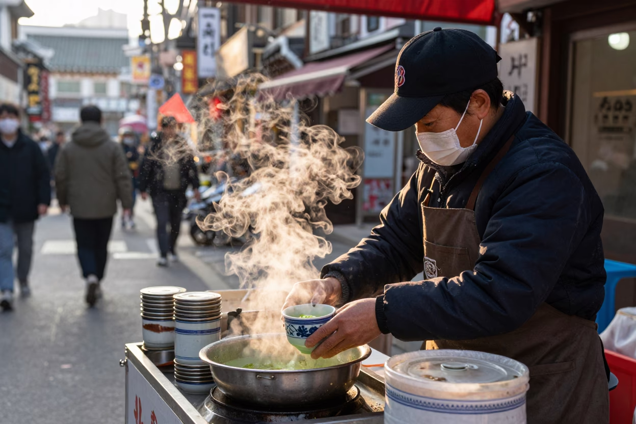 Dawn Light on Seoul Street Vendor Steaming Genmaicha Tea Near Bridge Maintenance Cradle in in Seoul, South Korea