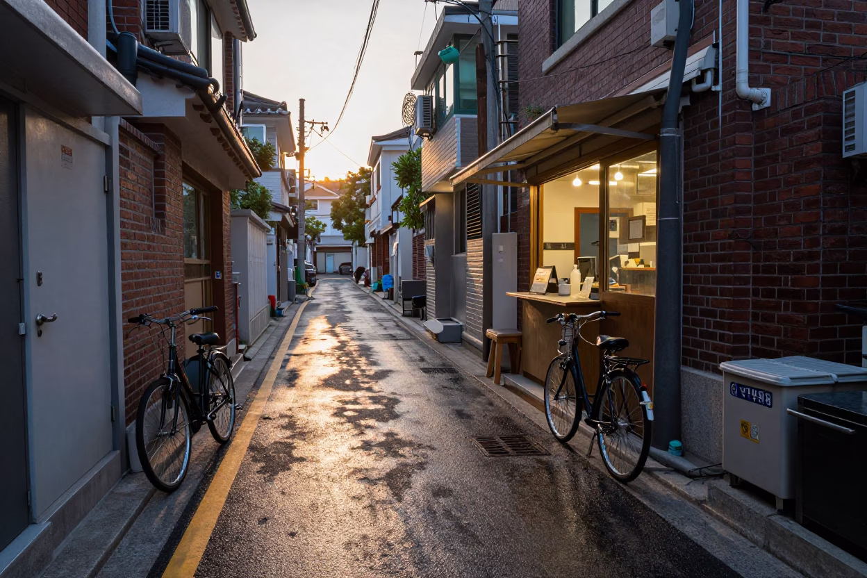 Dawn Light on Seoul Street with Bicycle and Kitchen Items in in Seoul, South Korea