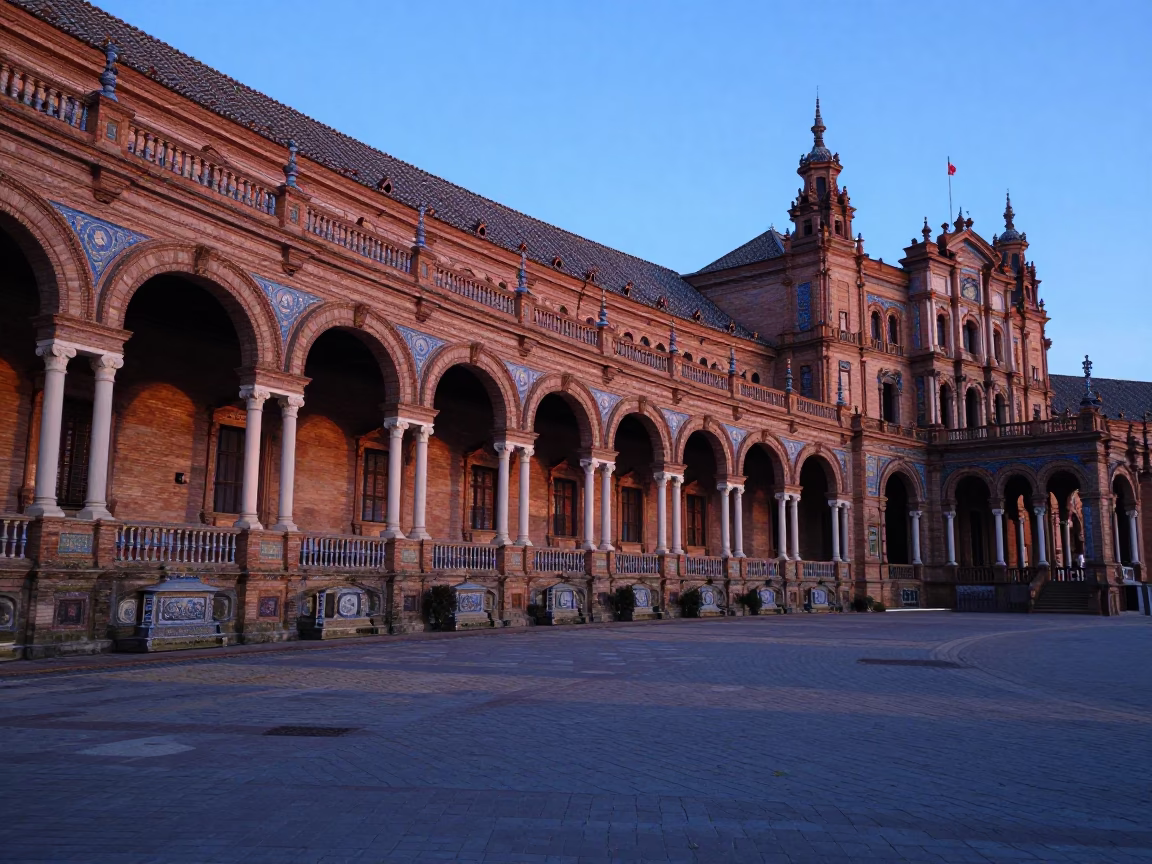 Dawn light on Seville Plaza de Espana ceramic arches and tourist visitors in in Seville, Spain