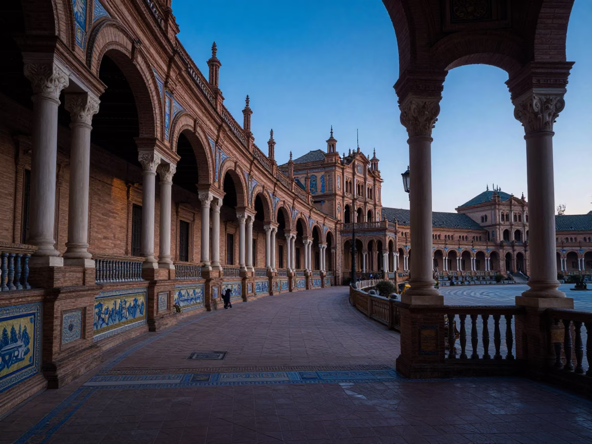Dawn Light on Seville Plaza de España Scaffold and Ceramic Tilework in in Seville, Spain