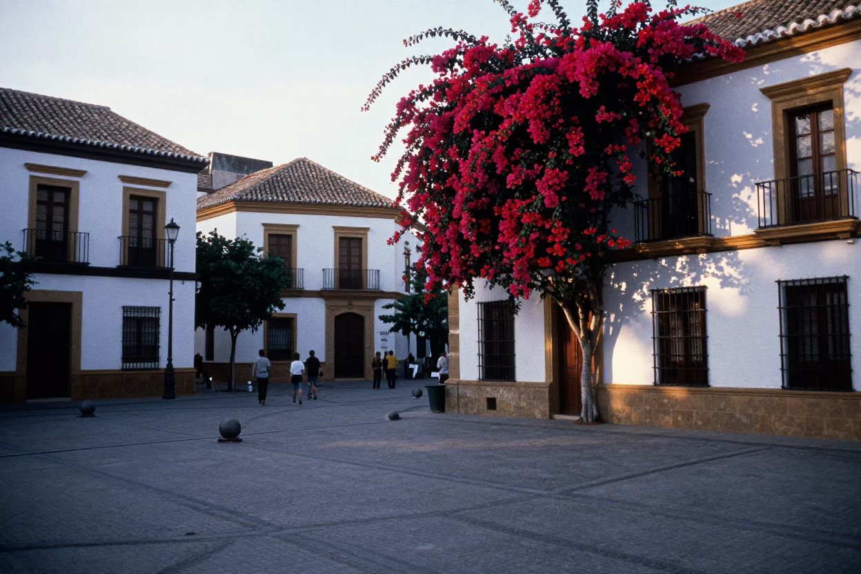 Dawn Light on Seville Plaza with Bougainvillea and Vintage Trolley in in Seville, Spain