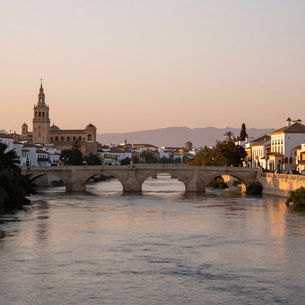 Dawn light on Seville's Guadalquivir river with water taxi and canal houseboats in in Seville, Spain