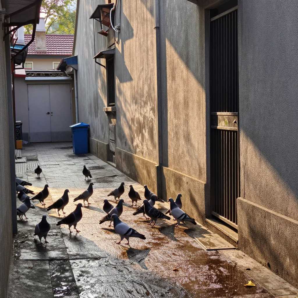 Dawn Light on Shanghai Street with Pigeons and Brushed Steel Latch Detail in in Shanghai, China