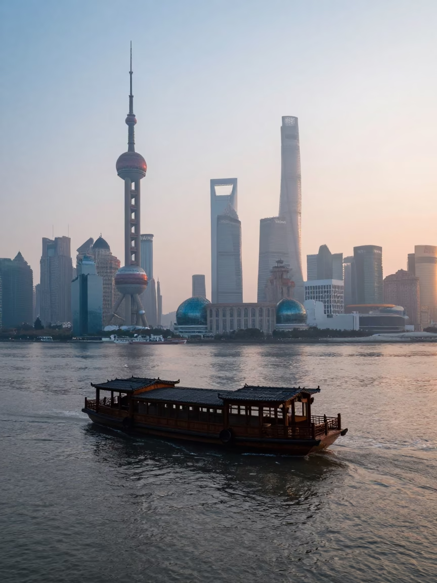 Dawn Light on Shanghai Waterway with Traditional Wooden Boat Docked at Riverside in in Shanghai, China