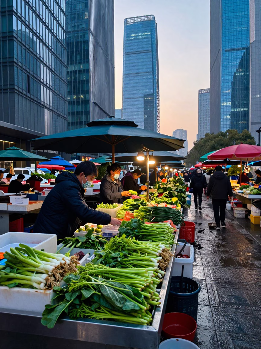 Dawn light on Shanghai wet market stalls with fresh produce and plastic containers in in Shanghai, China