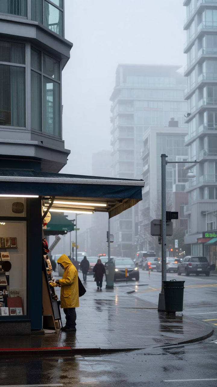 Dawn Light on Shopkeeper in Vancouver in in Vancouver, British Columbia, Canada