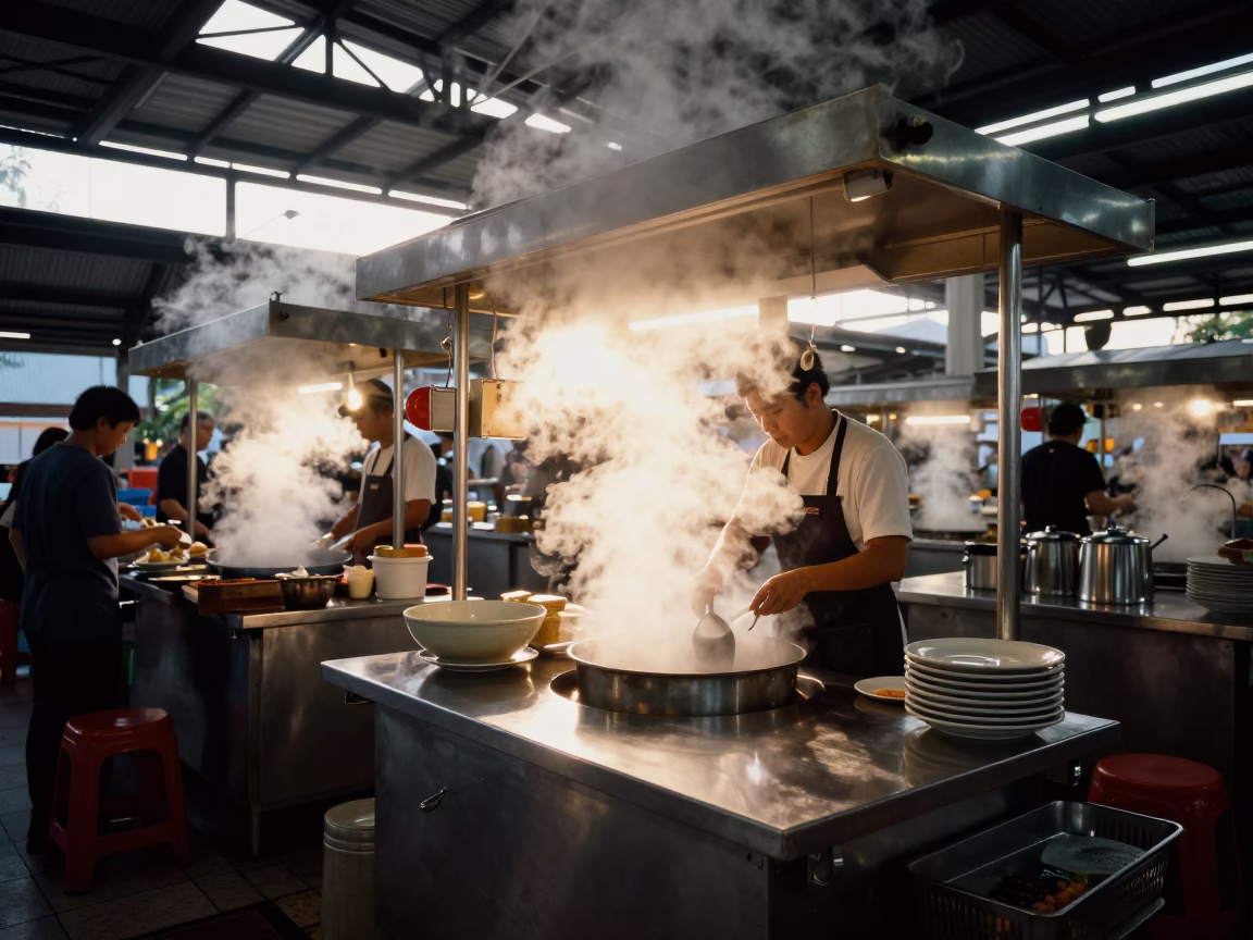 Dawn Light on Singapore Hawker Centre Stall with Steam and Vintage Bowl in in Singapore, Singapore