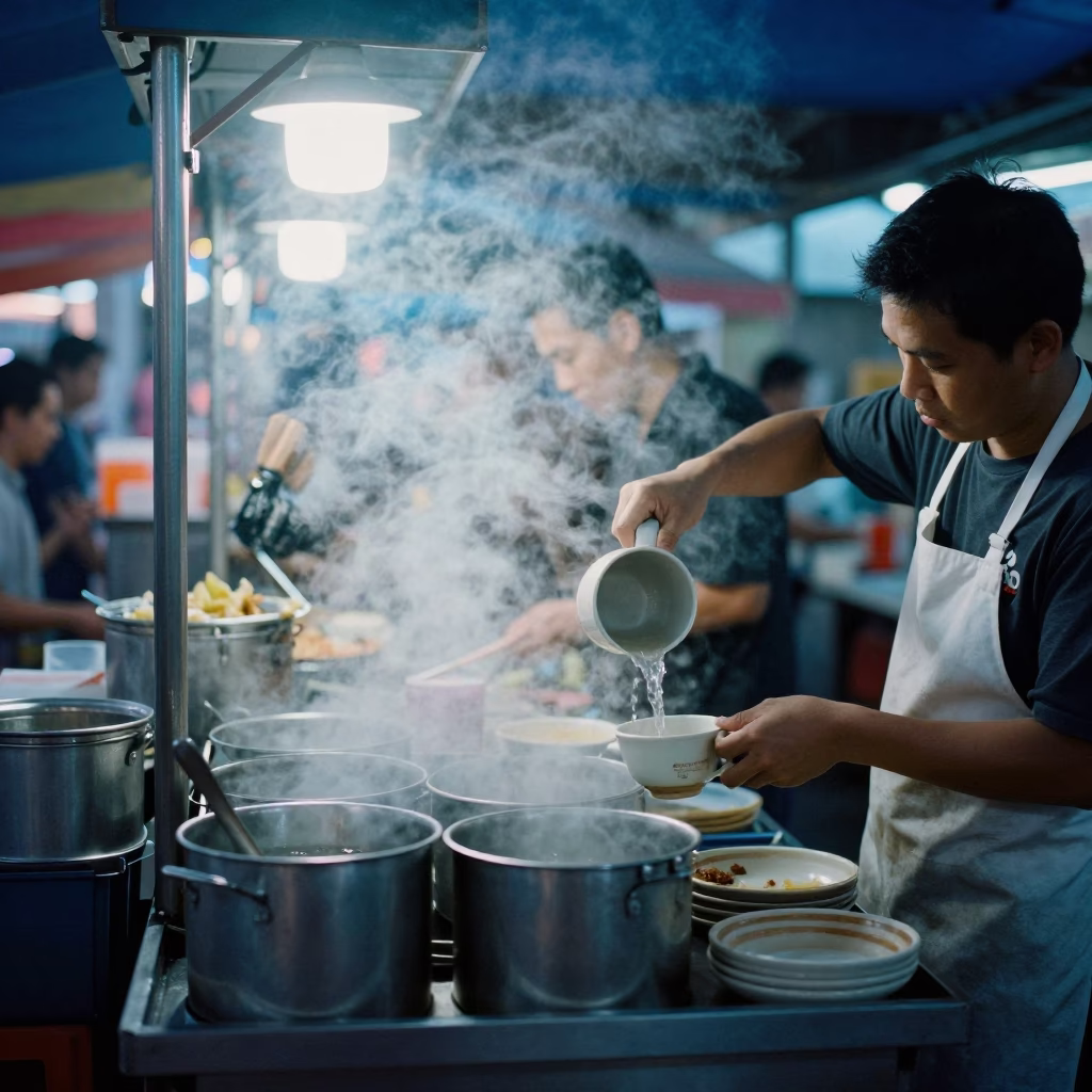 Dawn Light on Singapore Street Food Stall with Steaming Tea and Local Interaction in in Singapore, Singapore
