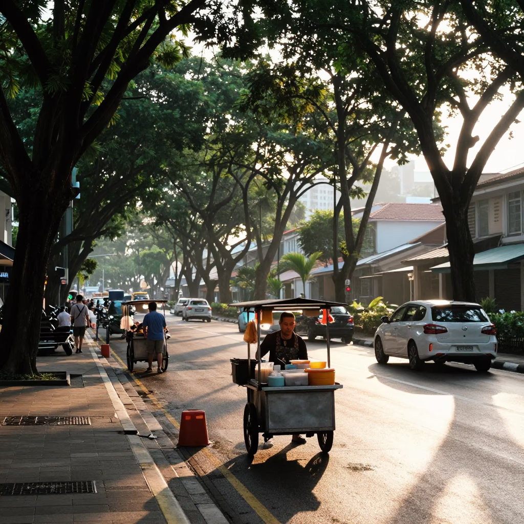 Dawn light on Singapore street with food vendor and morning commuters in in Singapore, Singapore