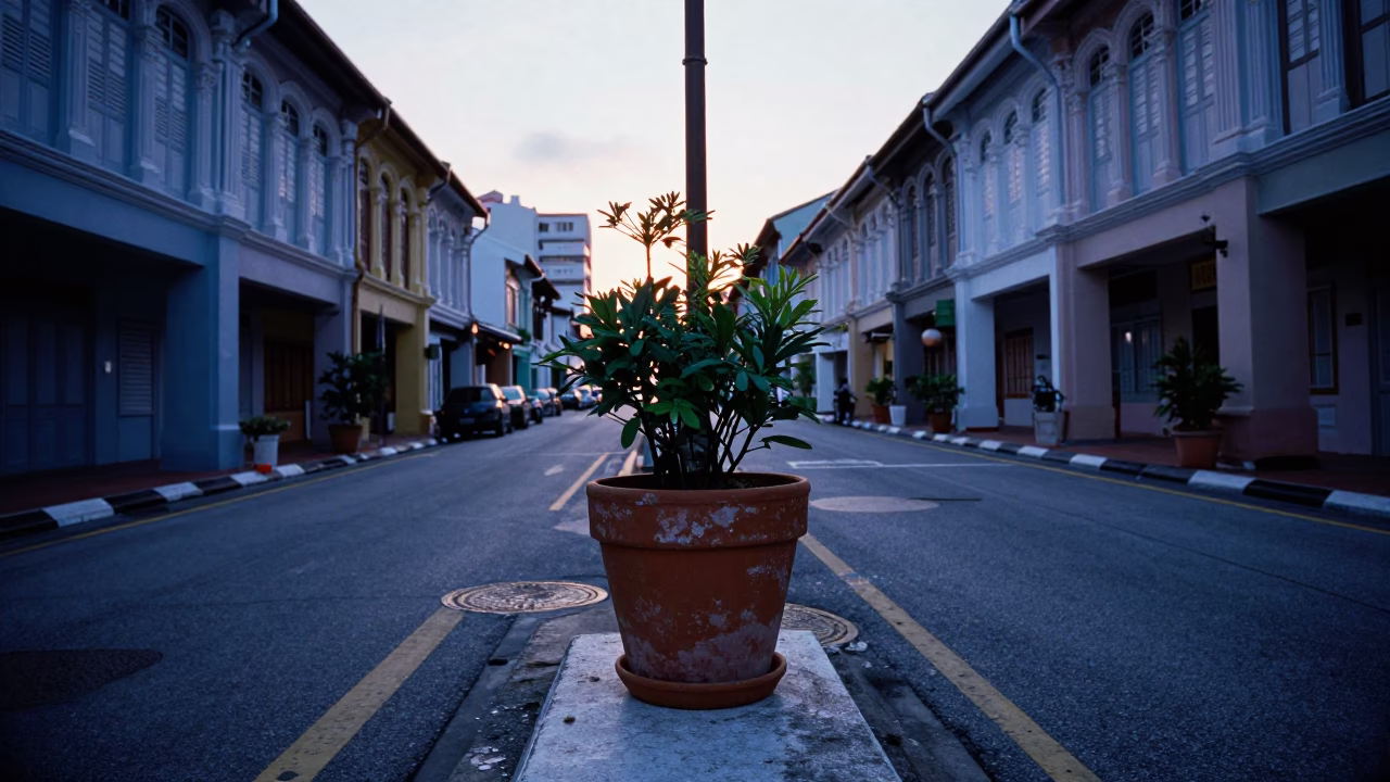 Dawn Light on Singapore Street with Plant Pot and Fountain Pen in in Singapore, Singapore