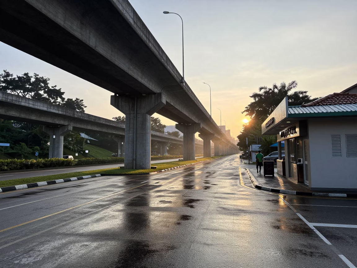 Dawn light on Singapore viaduct and street level condensation in in Singapore, Singapore