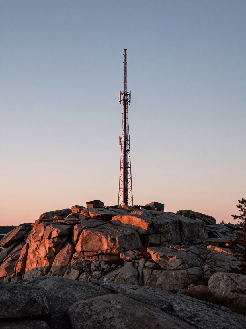 Dawn light on Stockholm archipelago rocky summit with telecommunication mast in in Stockholm, Sweden