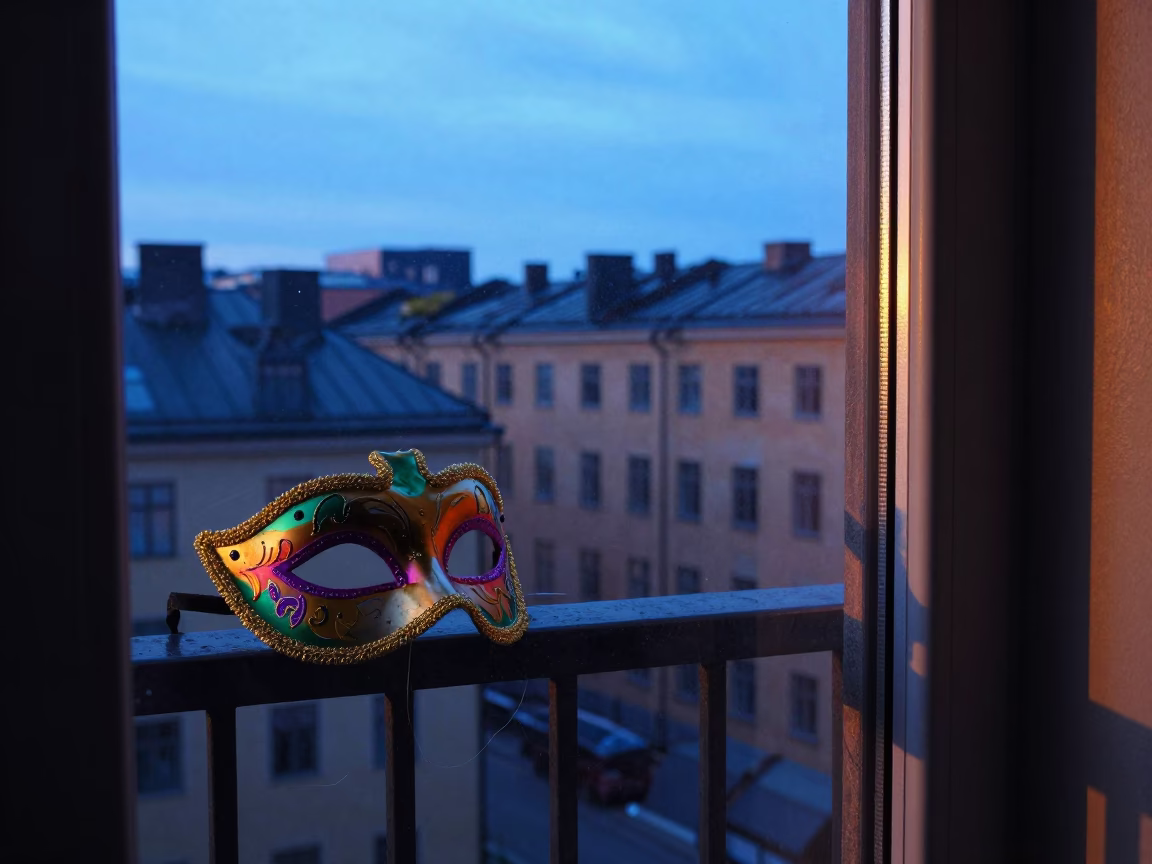 Dawn Light on Stockholm Balcony with Mardi Gras Mask and Twine Fibers in in Stockholm, Sweden