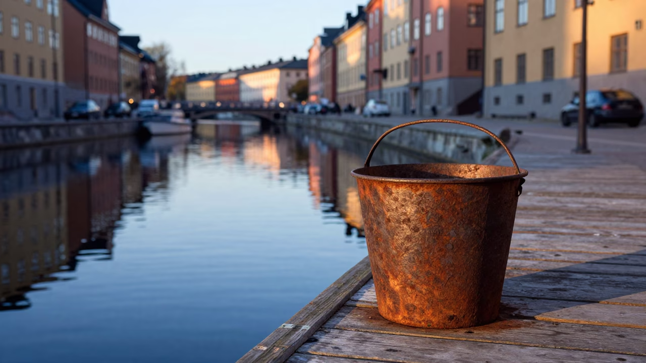 Dawn light on Stockholm canal with rusted bucket and wisteria tunnel in in Stockholm, Sweden