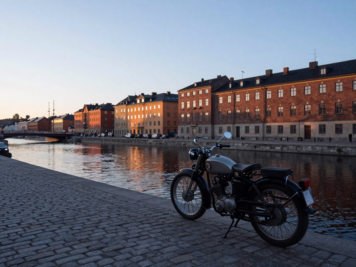 Dawn Light on Stockholm Canal with Vintage Motorcycle and Garden Gate in in Stockholm, Sweden