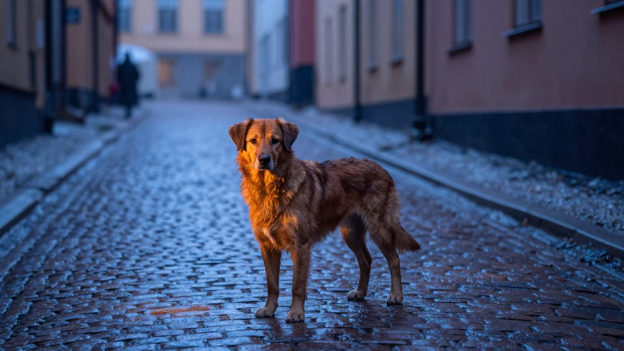 Dawn light on Stockholm cobblestones with brown dog and iron deadbolt in in Stockholm, Sweden