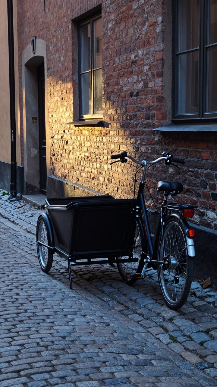 Dawn Light on Stockholm Cobblestones with Cargo Bicycle and Cherry Blossoms in in Stockholm, Sweden