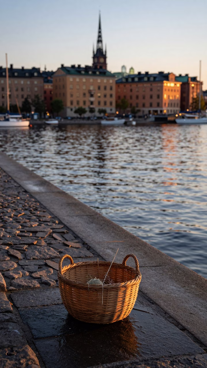 Dawn light on Stockholm waterfront with mending basket and primroses in spring in in Stockholm, Sweden