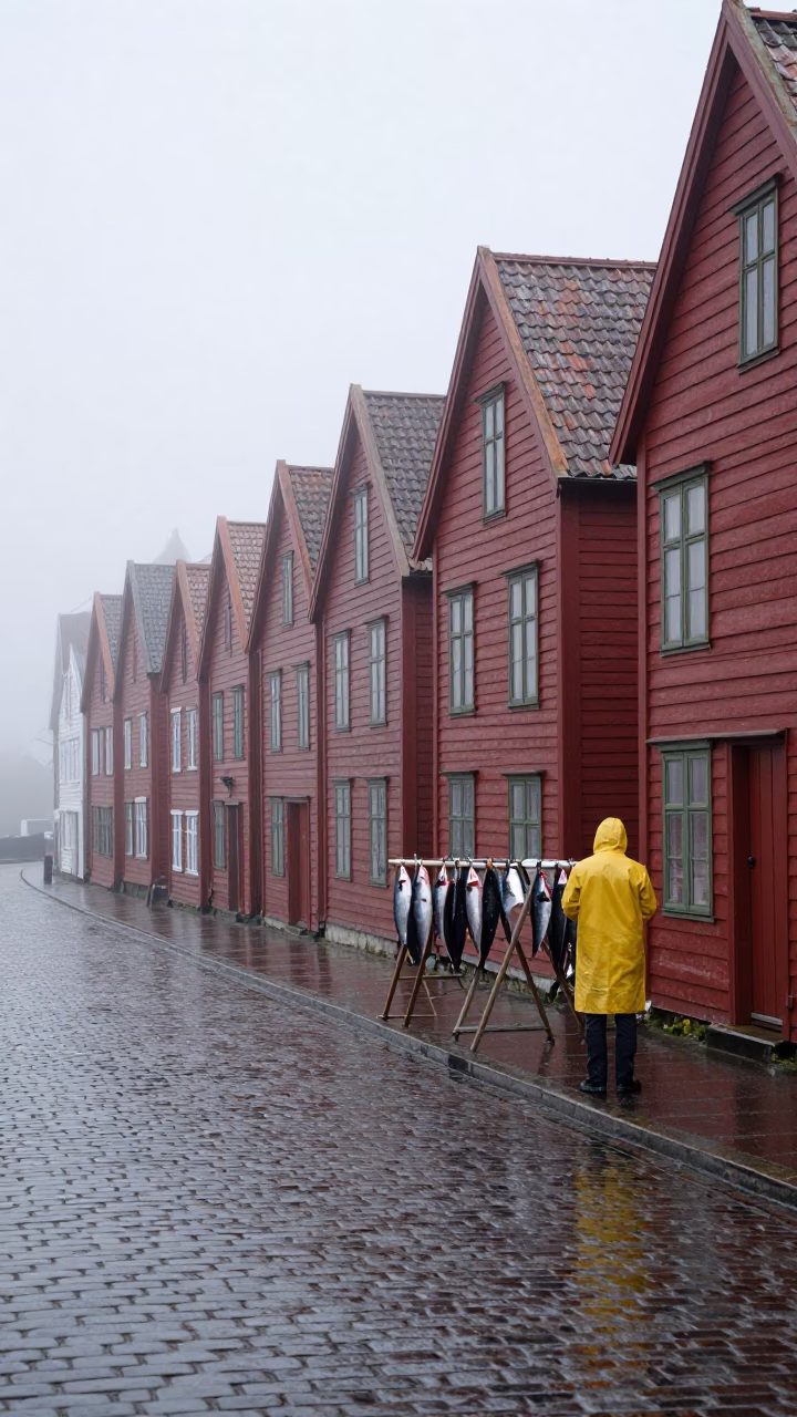Dawn Light on Street Scene in Bergen in in Bergen, Norway