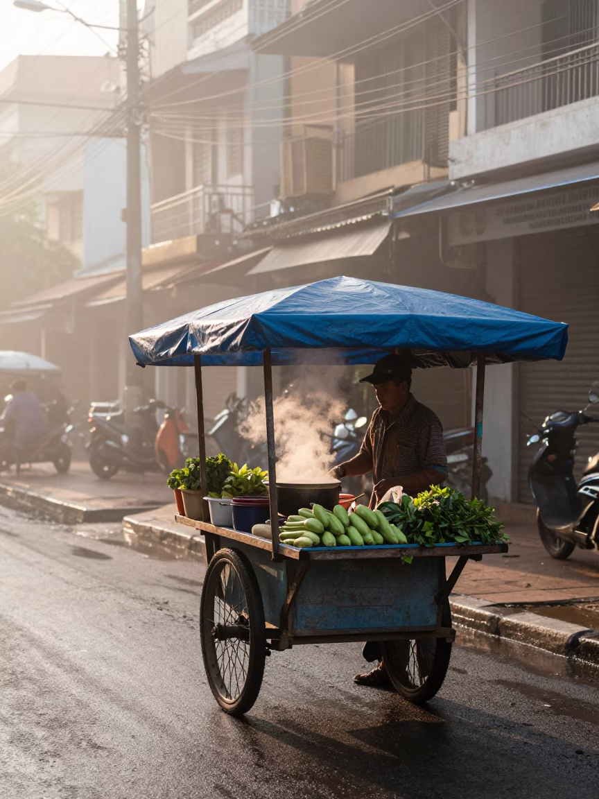 Dawn Light on Street Scene in Phnom Penh in in Phnom Penh, Cambodia
