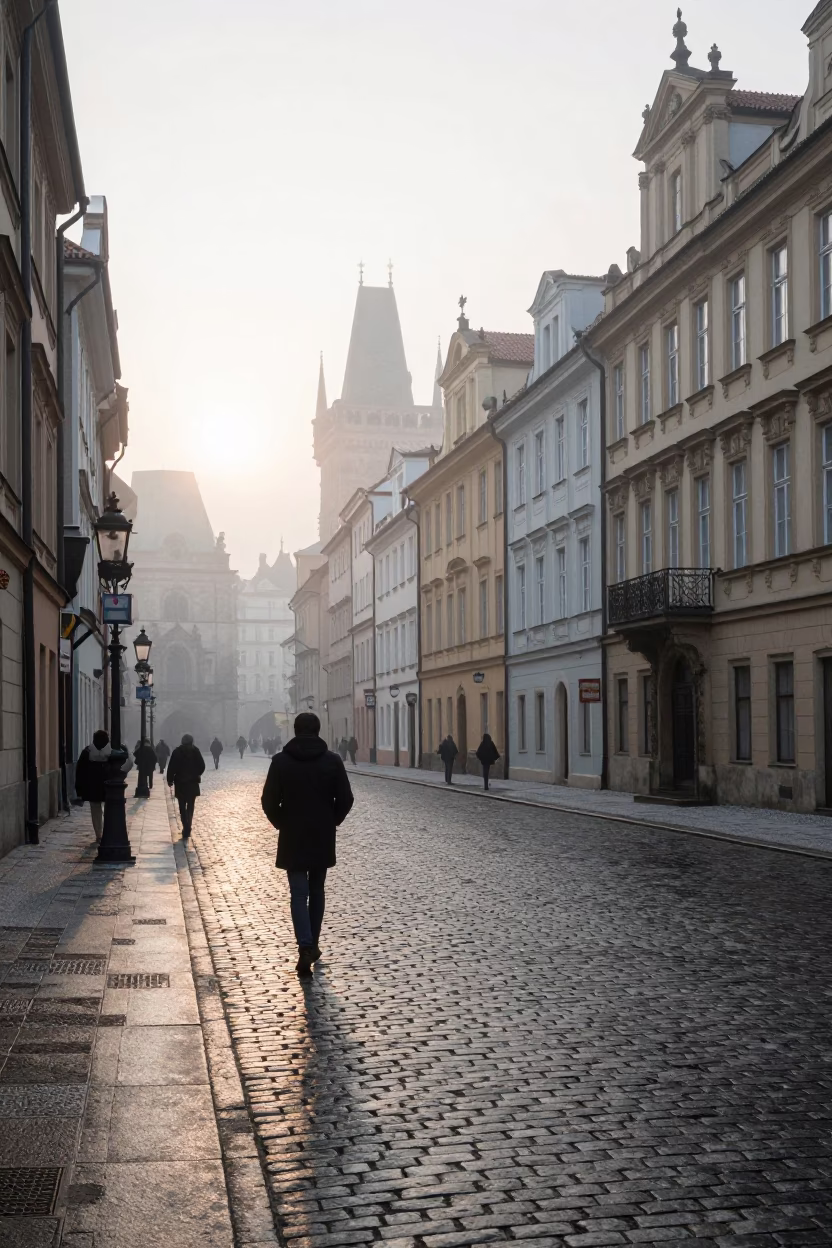 Dawn Light on Street Scene in Prague in in Prague, Czech Republic