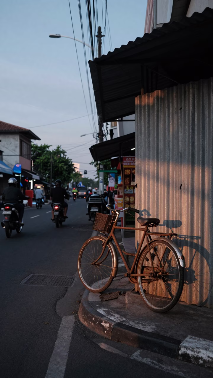 Dawn Light on Surabaya Street with Bicycle and Bakery Stall in Indonesia in in Surabaya, Indonesia