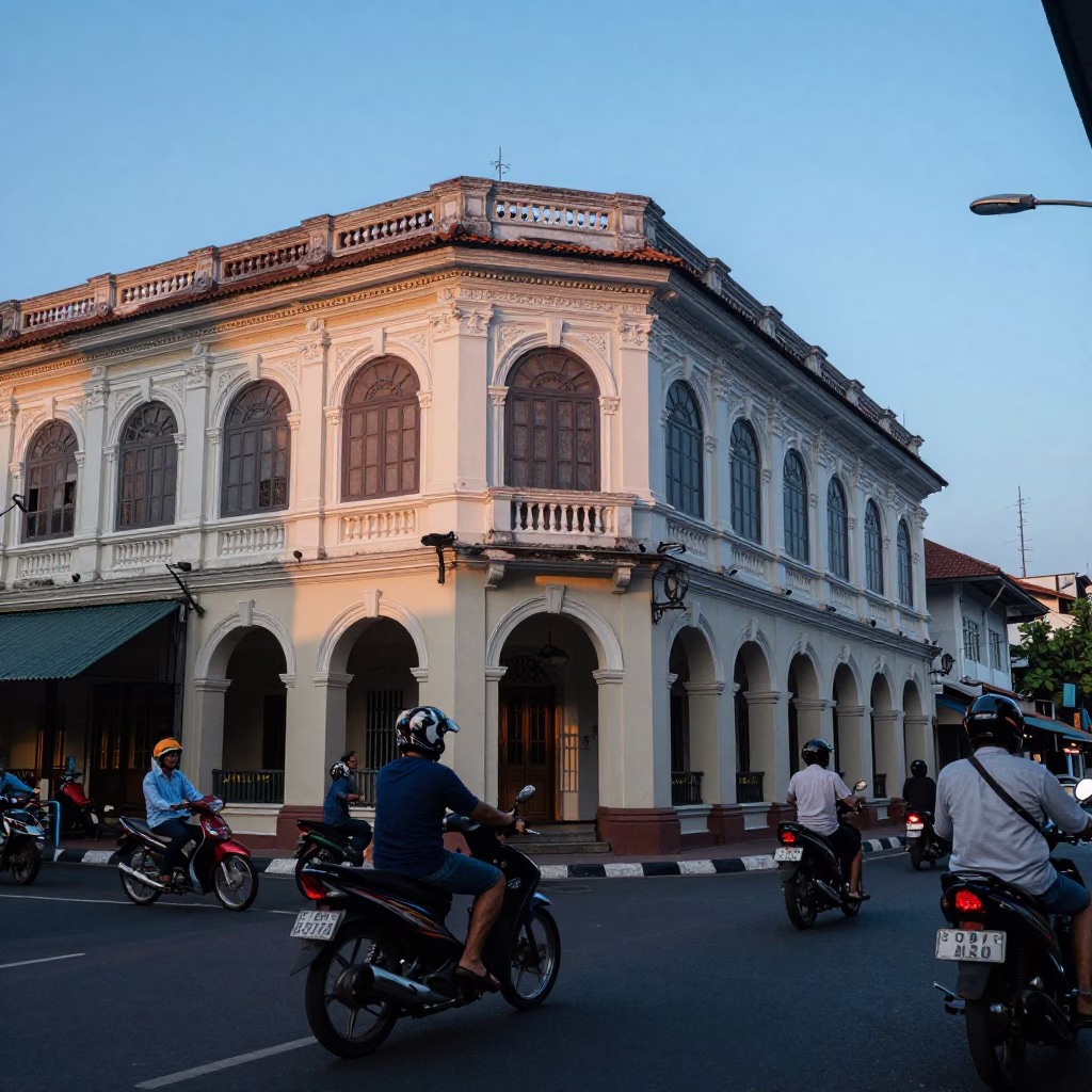 Dawn Light on Surabaya Street with Motorbikes and Traditional Architecture in in Surabaya, Indonesia