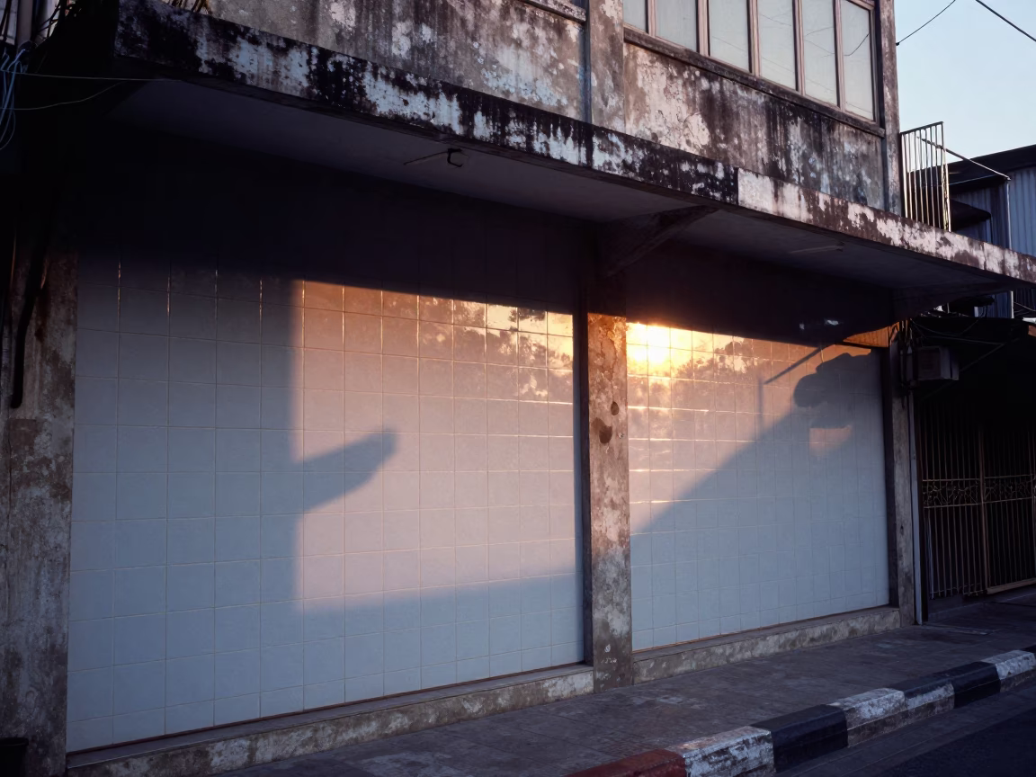 Dawn light on tiled shop front in Bangkok Thailand before sunrise with street details in in Bangkok, Thailand