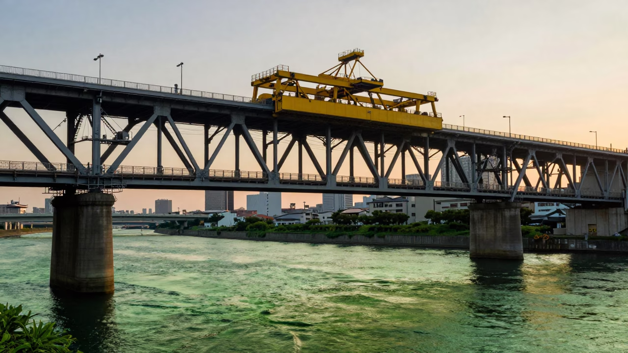 Dawn light on Tokyo bridge maintenance cradle above green river water in in Tokyo, Japan