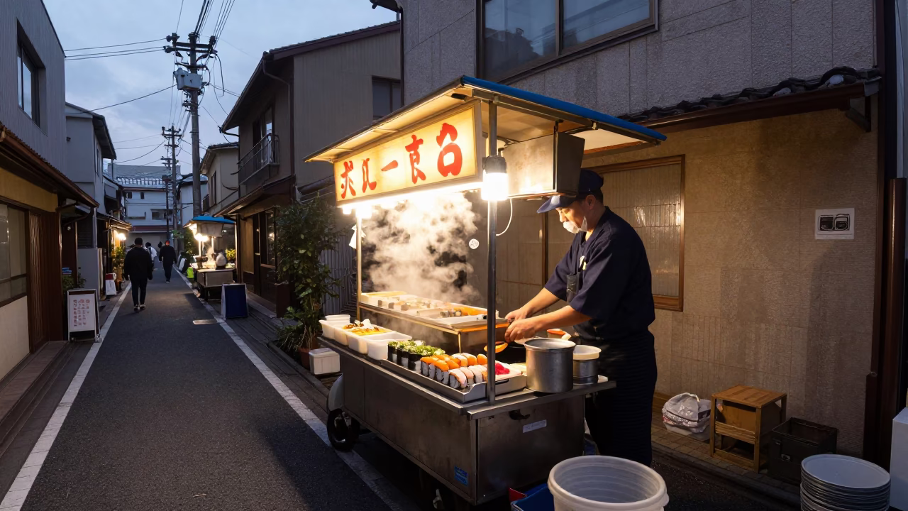 Dawn light on Tokyo street food stall with sushi and clay teapot in in Tokyo, Japan