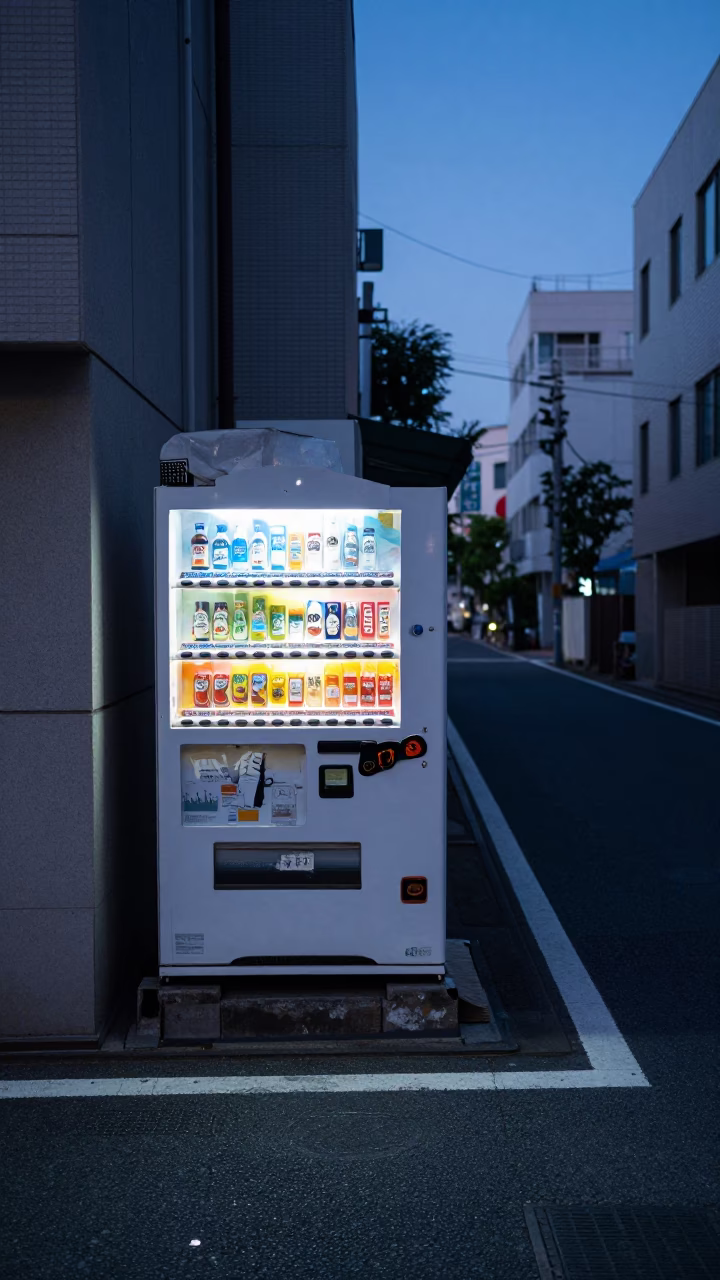 Dawn light on Tokyo street with vending machine and morning commuter in in Tokyo, Japan