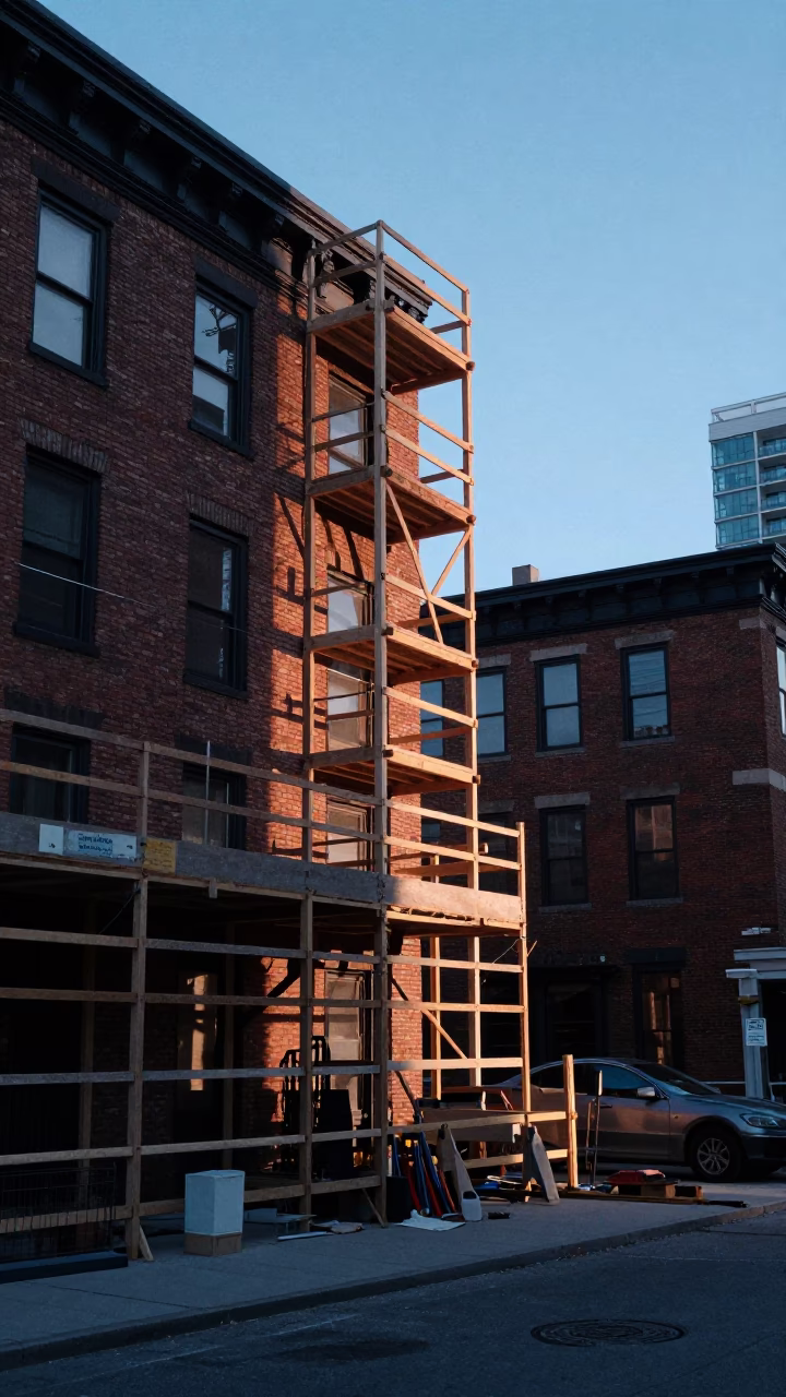 Dawn Light on Toronto Construction Scaffold with Mason's Tools and Urban Skyline in in Toronto, Ontario, Canada