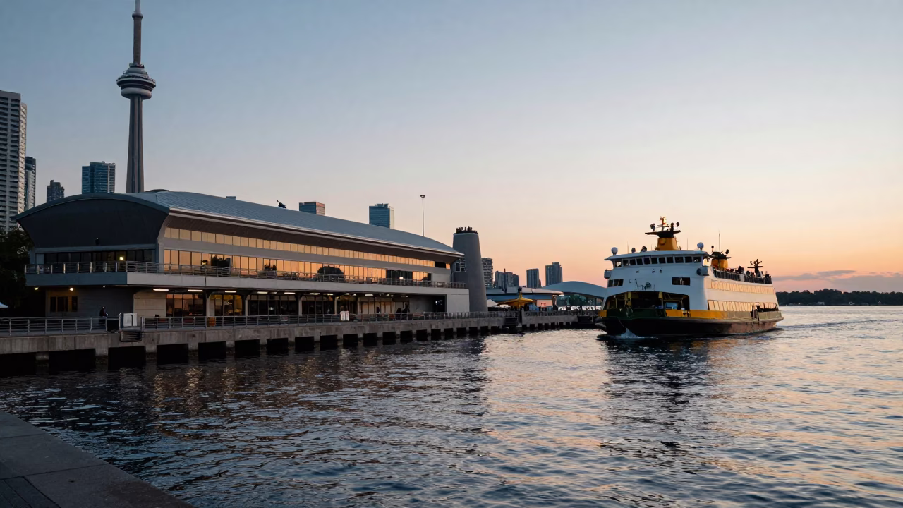 Dawn light on Toronto Harbourfront with Jack Layton Ferry Terminal and Lake Ontario in in Toronto, Ontario, Canada