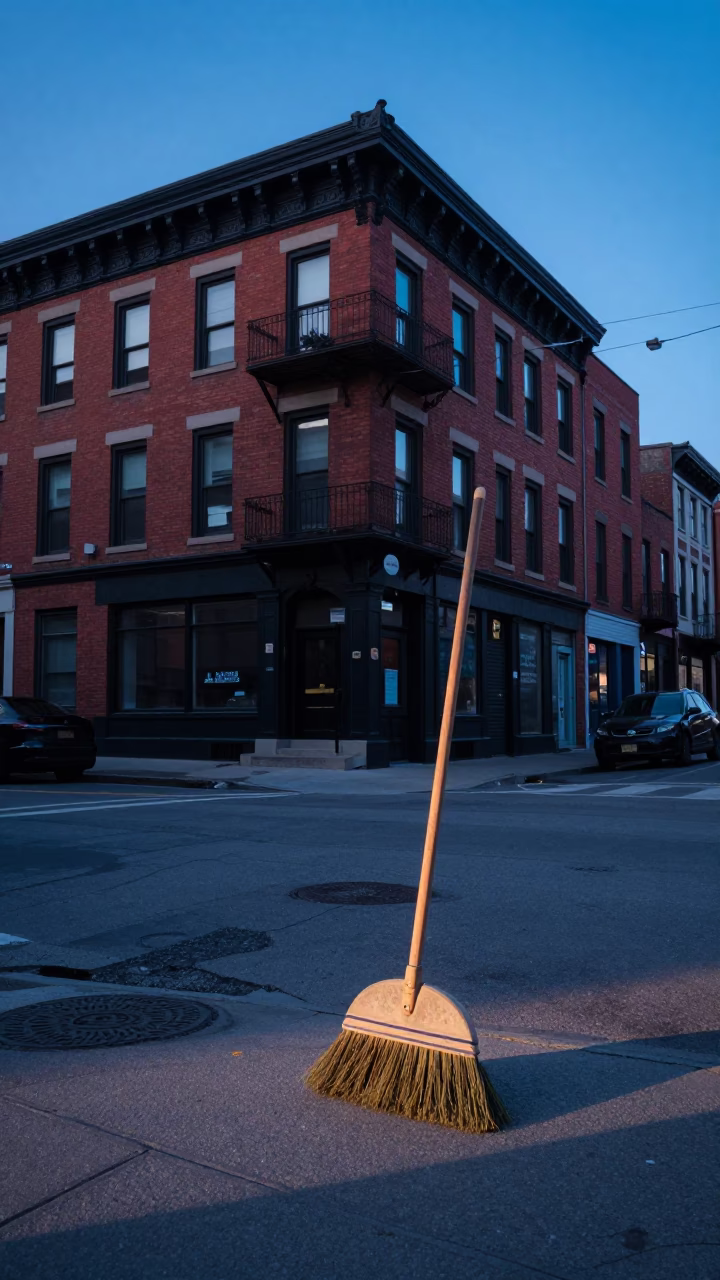 Dawn Light on Toronto Street Corner with Vintage Brooms and Birdhouse in in Toronto, Ontario, Canada